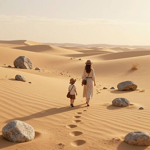 Photograph of a woman and child walking through golden sand dunes, casting long shadows, with scattered rocks and footprints.