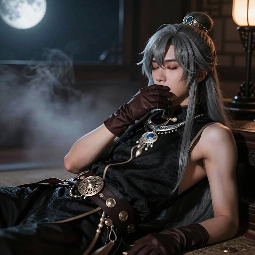 Cosplay of Aether from Genshin Impact in Dimly Lit Room