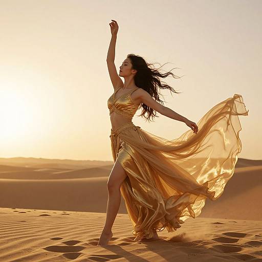 Photograph of a dancing woman in a golden, flowing dress, with long black hair, in a sunlit desert, raising her arm gracefully.