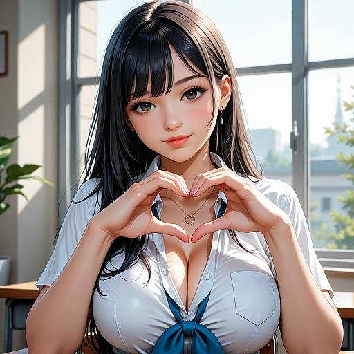 Digital anime-style artwork of a cute, busty Asian woman with long black hair, wearing a white school uniform, forming a heart shape with her hands in