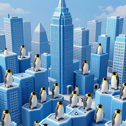 Digital artwork: Vibrant blue cityscape with penguins standing on rooftops of tall, modern skyscrapers under a clear sky.