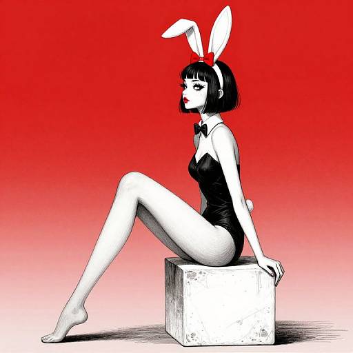Digital drawing of a black-haired woman in a white bunny ear headband, black leotard, and bow tie, sitting on a white cube against