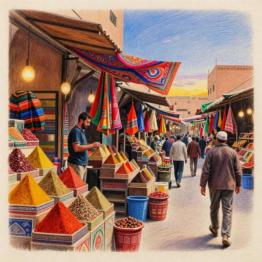 Vibrant Moroccan Spice Market Pencil Drawing