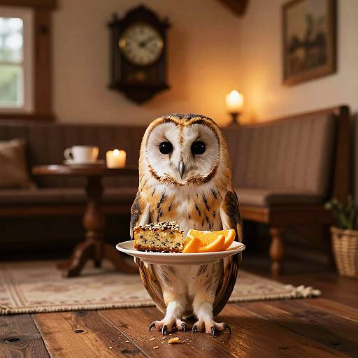 Owl Holding Plate of Seed Cake and Orange Slices in Cozy Cabin