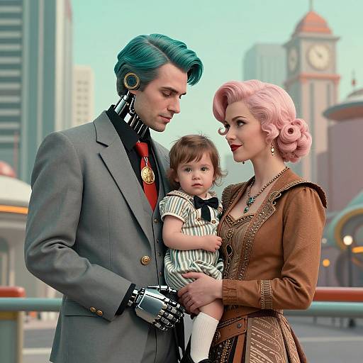 Photorealistic CGI of a steampunk family: teal-haired man, pink-haired woman, and toddler in striped outfit, urban background, clock tower