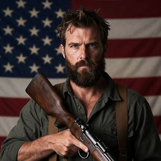 Rugged Bearded Man with Rifle Portrait