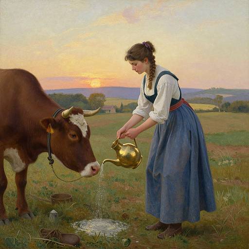Photograph-style painting of a young woman with braided hair in a white blouse and blue apron pouring water from a gold teapot into a basin