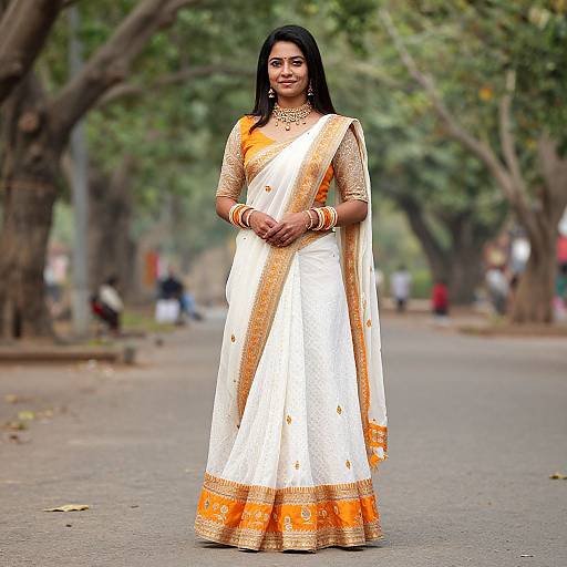 Photograph of a young Indian woman with dark hair, wearing a white and orange saree, gold jewelry, standing on a tree-lined street.