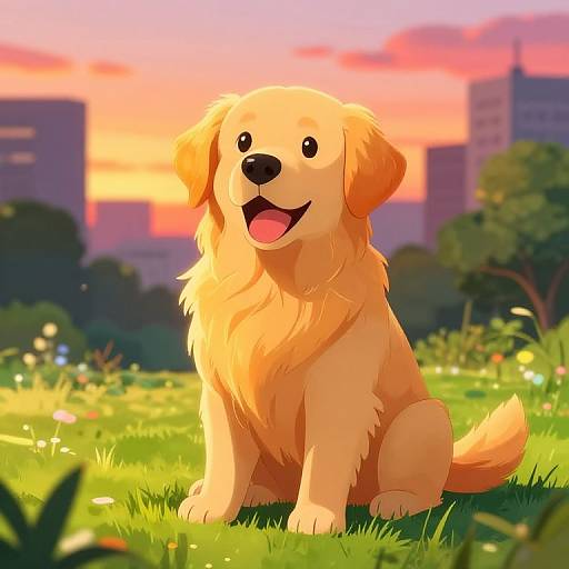 Digital illustration of a happy, golden-furred dog sitting on vibrant green grass at sunset, with a pink and orange sky and blurred city buildings in the