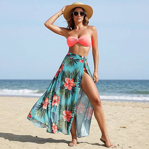 Photograph of a tan-skinned woman with wavy brown hair, wearing a pink bikini top, floral sarong, straw hat, and sunglasses,