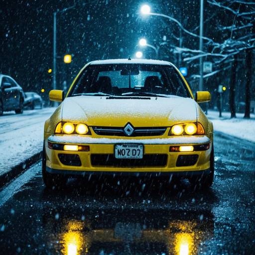 Yellow Car in Snowy Night