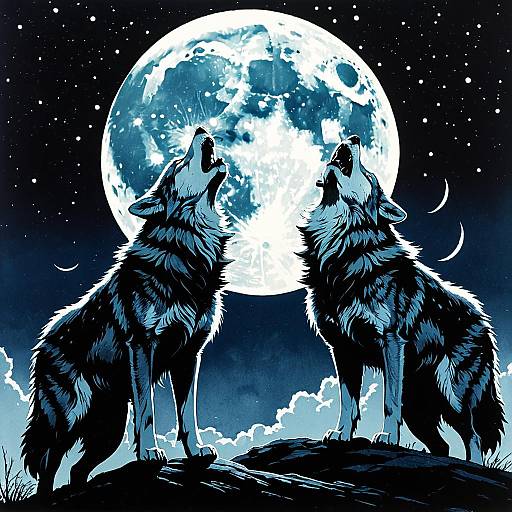 Mystical Wolves Howling at the Moon Anime Poster