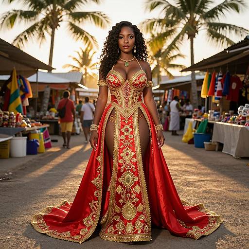 Photograph of a beautiful Black woman with long curly hair in an ornate, red and gold, floor-length evening gown, standing confidently in a sun