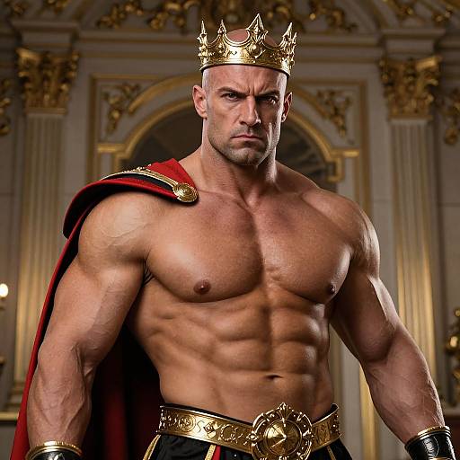 Muscular, bald man with a gold crown, red cape, and gold belt, standing in an ornate, gilded room, looking stern.