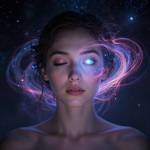Digital artwork of a serene woman with closed eyes, glowing blue eye, and ethereal pink and blue light swirling around her head against a starry black