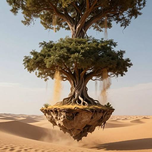Photorealistic CGI of a massive, twisted tree with dense foliage, floating above a sandy desert, roots anchored to a rocky island.