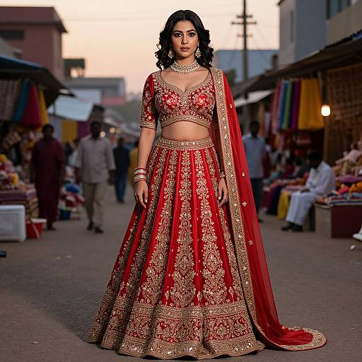 Photograph of an Indian woman in a red and gold embroidered traditional lehenga and choli, standing in a bustling outdoor market at sunset.