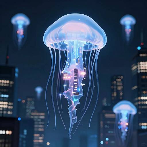 Photograph of glowing blue jellyfish with translucent umbrellas and trailing tentacles in a dark, cityscape night sky filled with illuminated skyscrapers.