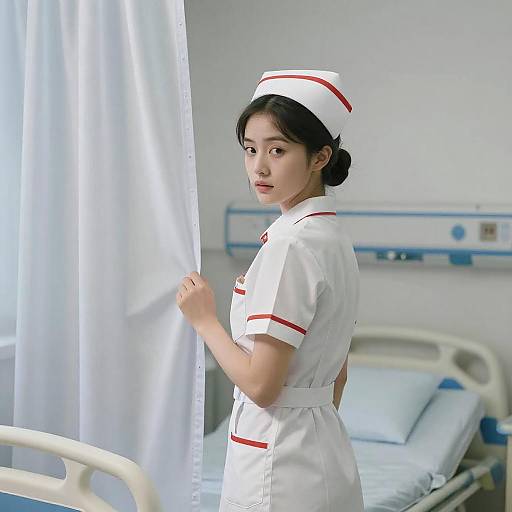 Young Nurse Behind Hospital Curtain