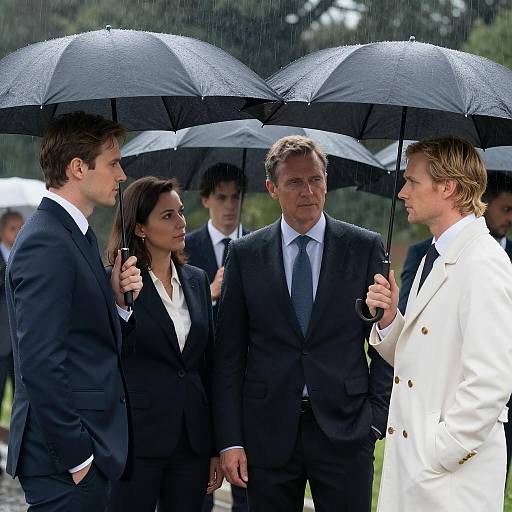 Rainy Day Gathering with Umbrellas