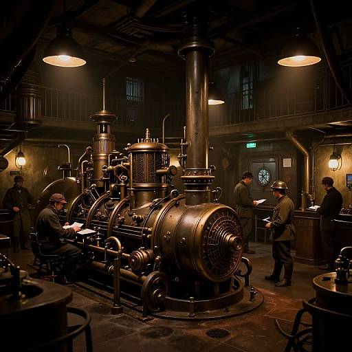 Photograph of a dimly lit industrial museum room with four men examining a large, vintage steam engine under bright overhead lights.
