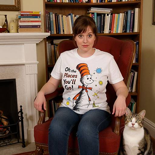 Whimsical Woman in Cozy Book Nook