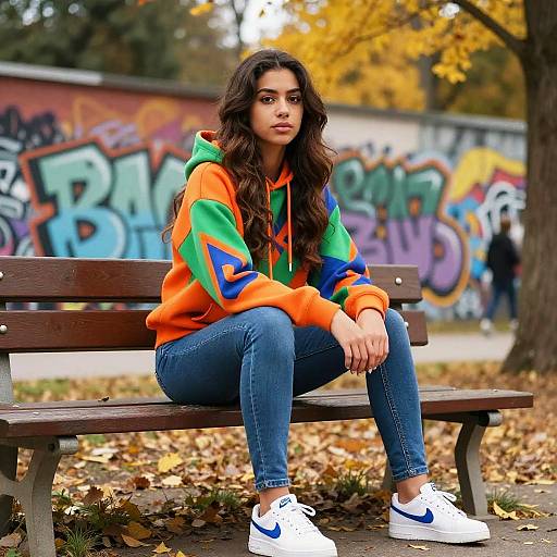 Photograph of a young woman with long dark hair, wearing an orange and green hoodie, blue jeans, and white Nike sneakers, sitting on a wooden