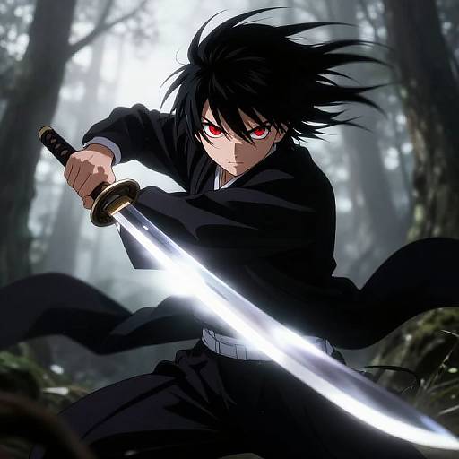 Digital anime artwork of a fierce, black-haired male ninja with intense red eyes, wielding a glowing sword in a misty forest.