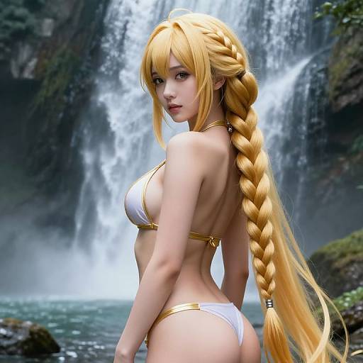 CGI image of a beautiful, blonde, elf-like woman with long braided hair, white bikini, standing by a waterfall, looking over her shoulder