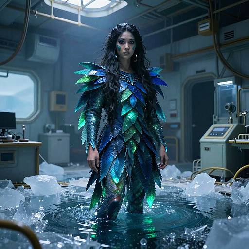 Photograph-style CGI: Dark-haired woman with iridescent blue-green feathered bodysuit standing in icy water, futuristic laboratory background with metallic equipment
