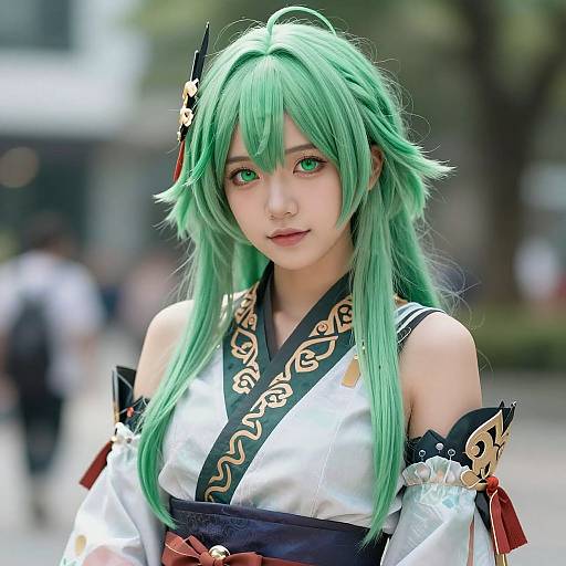 Photograph of a young woman with green hair, green eyes, and Asian cosplay attire, featuring gold accents, white and black sleeves, and a red