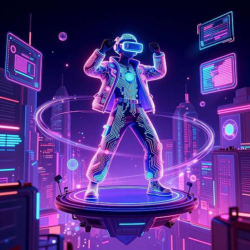 Neon-lit digital artwork of a futuristic DJ, glowing blue and pink, standing on a circular platform amidst a vibrant, cyberpunk cityscape with