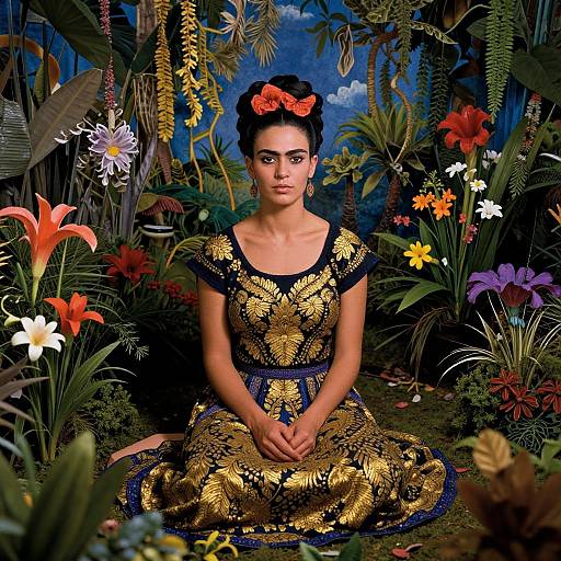 Photograph of a dark-haired woman with red bow headband, wearing gold-patterned black dress, seated in vibrant jungle garden with colorful flowers.
