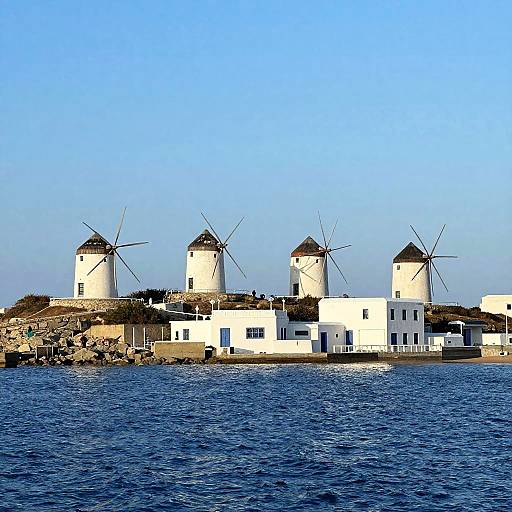 Coastal Scene with White Windmills