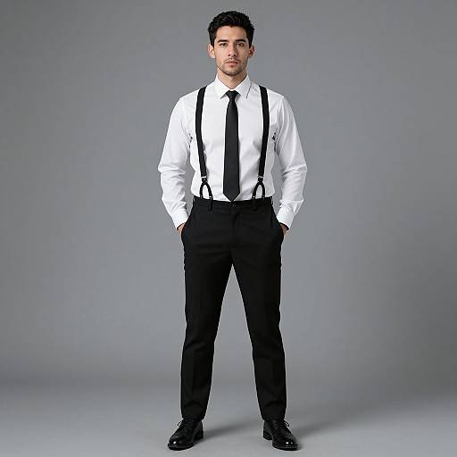 Photograph of a young man with short dark hair, wearing a white shirt, black tie, black suspenders, and black trousers, standing against a