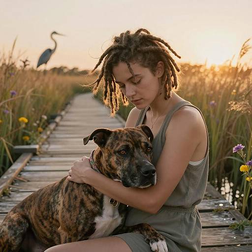 Young Woman Hugging Brindle Pit Bull on Marsh Boardwalk at Sunset