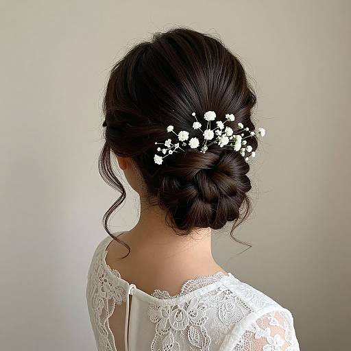 Photograph of a woman with dark hair in an elegant bun adorned with white flower clips, wearing a white lace wedding dress, back view against a plain