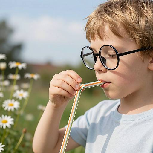 Photograph of a blond boy in black round glasses, white shirt, sucking on a colorful straw, surrounded by daisies in a sunny, blurred
