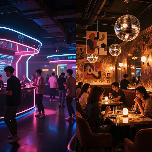Photograph of a dimly-lit, modern bar with neon blue and pink lighting, mirrored walls, hanging disco balls, and patrons seated at tables