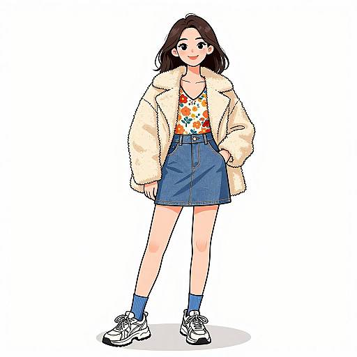 Anime-style digital drawing of a young woman with dark hair, wearing a fluffy white coat, floral top, denim skirt, blue socks, and white sneakers
