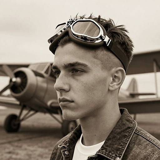 Black-and-white photograph of a serious young man with short, spiky hair, wearing aviator goggles on his head and a denim jacket, standing in