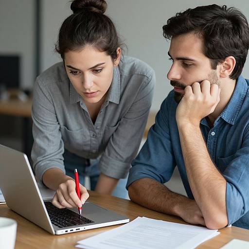 Photograph of a focused woman with dark hair in a bun, wearing a gray shirt, writing with a red pen, and a bearded man in