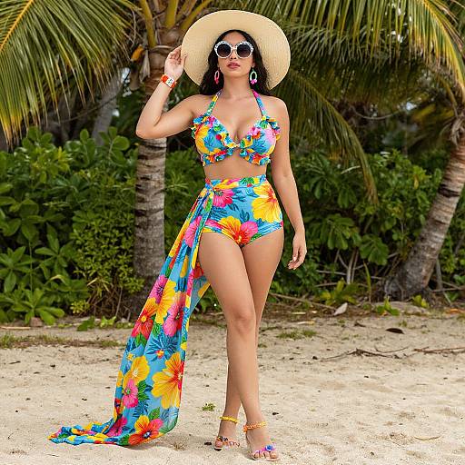 Photograph of a curvy woman in vibrant floral bikini and sunhat, wearing sunglasses, standing on a tropical beach with palm trees.