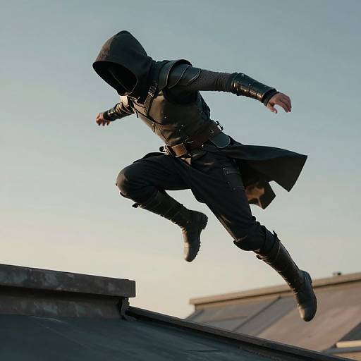 Photograph of a hooded figure in dark, tactical gear mid-air, performing a jump off a rooftop against a clear blue sky.