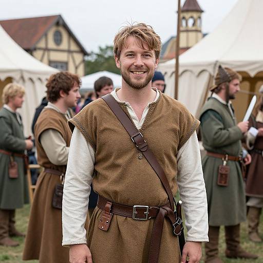 Photograph of a smiling bearded man with brown hair, wearing a brown medieval tunic over a white shirt, standing outdoors at a historical reen