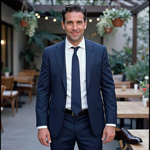 Photograph of a smiling, dark-haired man in a black suit, white shirt, and black tie, standing outdoors in a garden café.