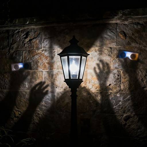 Photograph of a glowing streetlamp casting sharp shadows of two outstretched hands on a textured stone wall at night.