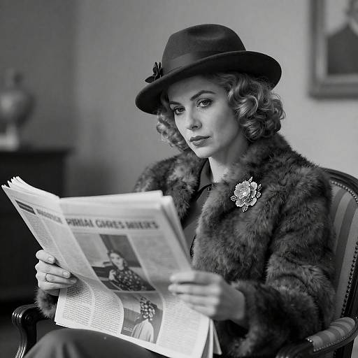 Vintage Woman in Fur Reading Newspaper
