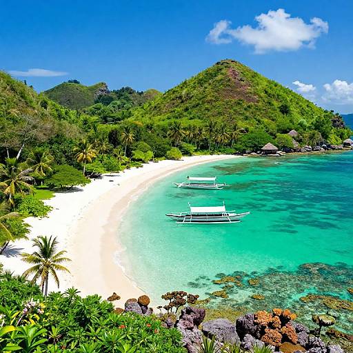 Photograph of a pristine, turquoise-blue beach with white sand, surrounded by lush green hills, and three wooden boats anchored in the clear, shallow water