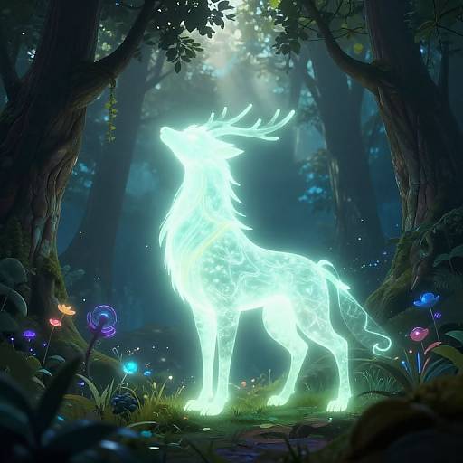 Digital artwork of a glowing, luminous white deer with antlers standing in a mystical, dark forest, surrounded by colorful bioluminescent flowers.